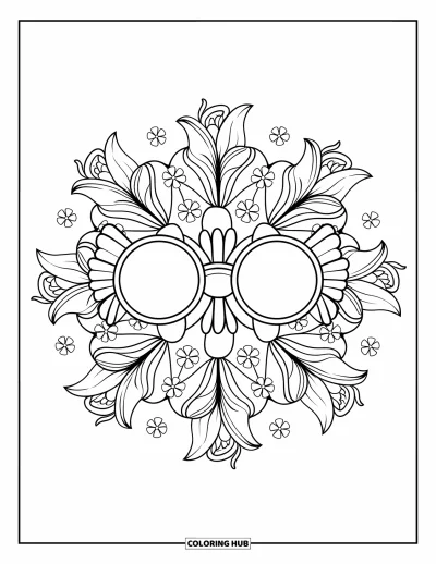 Coloriage preppy pour adultes : Un mandala de fleurs et de trèfles met en valeur des lunettes rondes avec des nœuds
