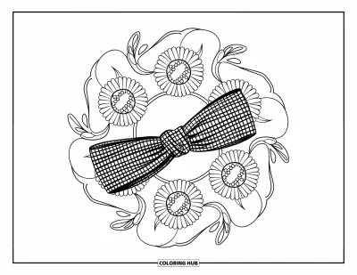Coloriage preppy pour adultes : Un mandala de tournesols et de spirales entoure un bandeau vichy