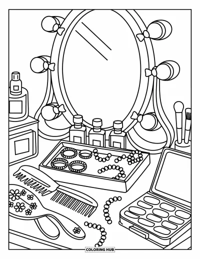 Coloriage preppy pour adultes : Un miroir entouré de nœuds est posé au-dessus de flacons de parfum et d’objets beauté délicats