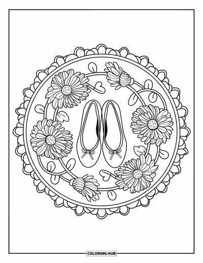 Coloriage preppy pour adultes : Une paire de ballerines est au centre d’un mandala rempli de fleurs