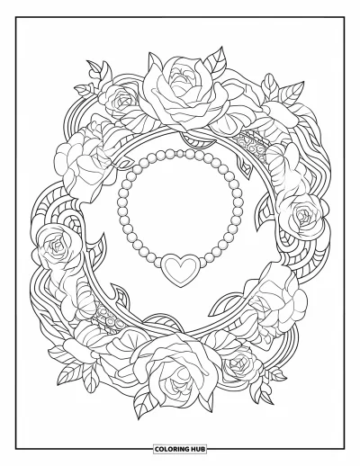 Coloriage preppy pour adultes : Un collier de perles repose dans un mandala rempli de roses et de camélias en fleurs