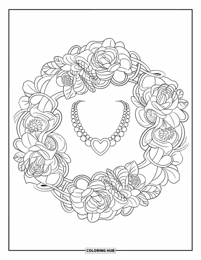 Coloriage preppy pour adultes : Un collier de perles avec fermoir cœur repose dans un mandala de roses et de lianes