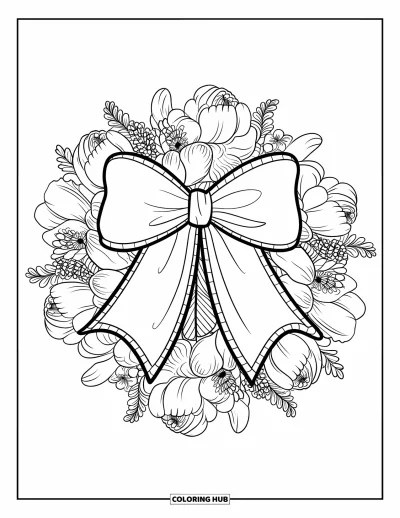 Coloriage preppy pour adultes : Un nœud preppy est au centre d’un mandala rempli de pivoines et de fleurs des champs