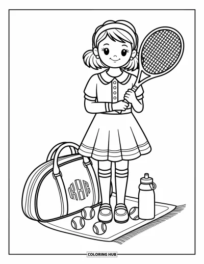 Coloriage preppy pour adultes : Une fille preppy prend la pose avec une raquette de tennis et un sac monogrammé sur le court