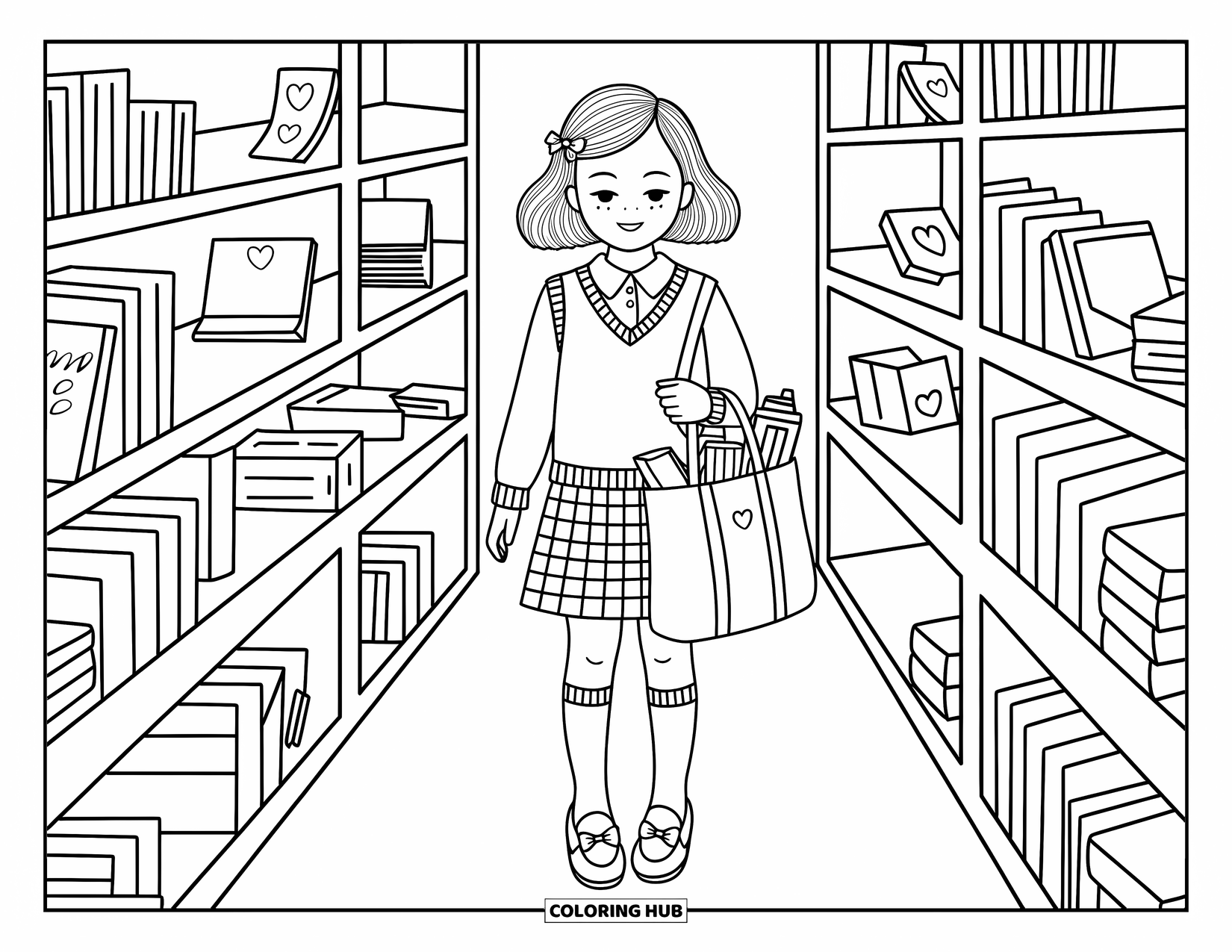 Preppy Coloring Page for Adults: A preppy girl strolls through a cozy bookshop with a tote full of cute goodies
