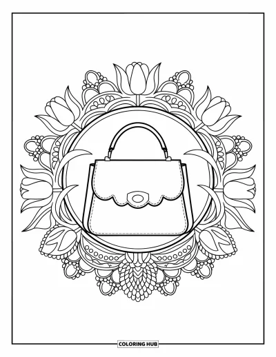 Coloriage preppy pour adultes : Un sac à main preppy repose au milieu d’un mandala floral de tulipes et de lianes