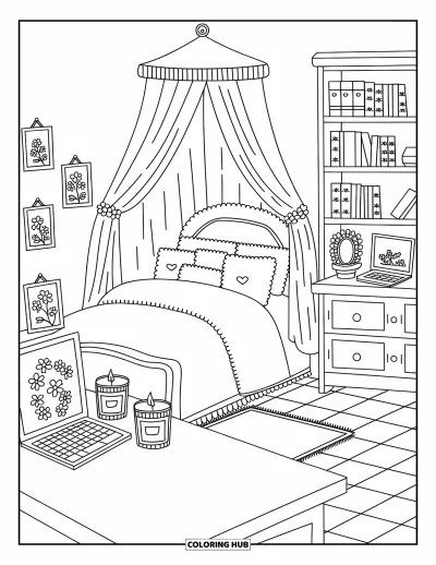 Coloriage preppy pour adultes : Une pièce preppy avec des coussins moelleux, des bougies et une étagère remplie de déco adorable