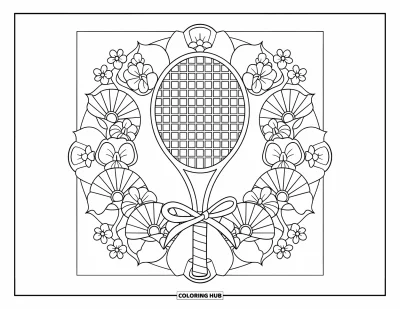 Coloriage preppy pour adultes : Une raquette de tennis nouée d’un ruban repose dans un mandala rempli de fleurs