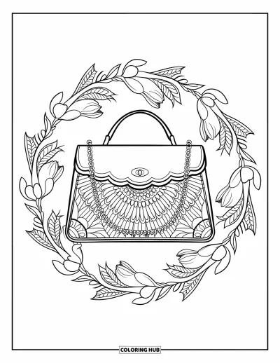 Coloriage preppy pour adultes : Un sac à main festonné repose dans un mandala de tulipes avec lianes grimpantes et détails en dentelle