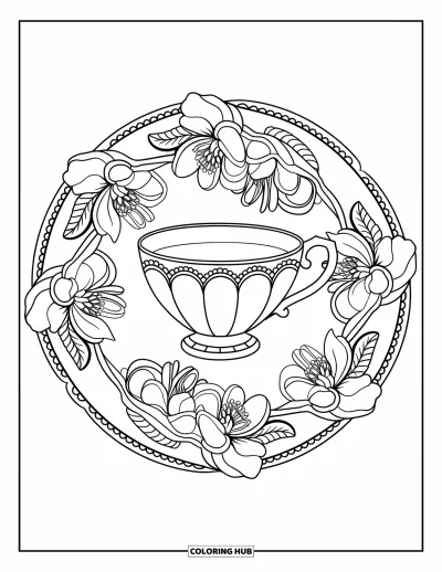 Coloriage preppy pour adultes : Une tasse à thé festonnée est au centre d’un mandala aux gardénias ondulants