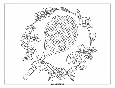 Coloriage preppy pour adultes : Une raquette de tennis avec un ruban repose dans un mandala de jasmin et de pensées