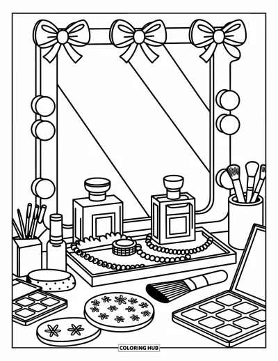 Coloriage preppy pour adultes : Une coiffeuse avec guirlandes en nœuds, parfums et maquillage crée une scène preppy pleine de rêve
