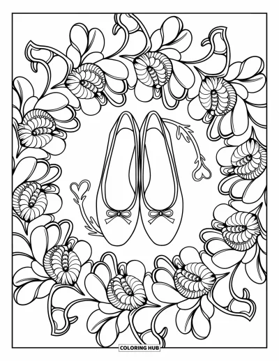 Coloriage preppy pour adultes : Des ballerines à nœuds reposent dans un mandala de chrysanthèmes et de tiges courbées