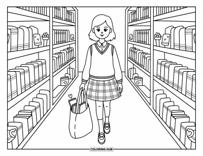 Coloriage preppy pour adultes : Livres et pense-bêtes en forme de cœur bordent les étagères pendant qu’une fille preppy feuillette avec joie