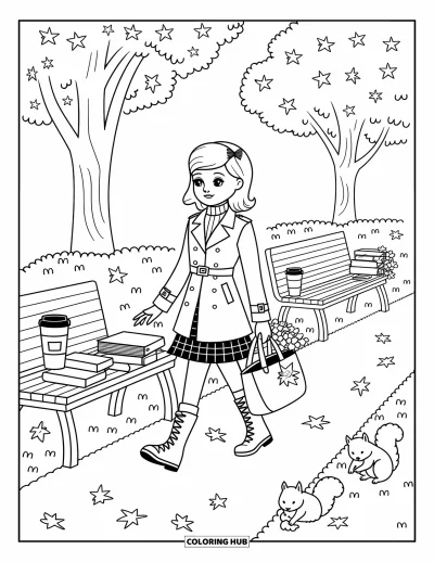 Coloriage preppy pour adultes : Dans un parc aéré, une fille se promène avec une jupe à carreaux et de jolis détails d’automne