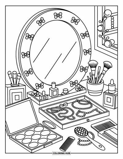 Coloriage preppy pour adultes : Bijoux, maquillage et guirlandes en nœuds remplissent cette adorable scène de coiffeuse preppy