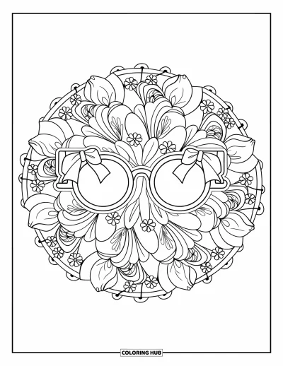 Coloriage preppy pour adultes : De grandes lunettes de soleil reposent au centre d’un mandala de roses et de trèfles