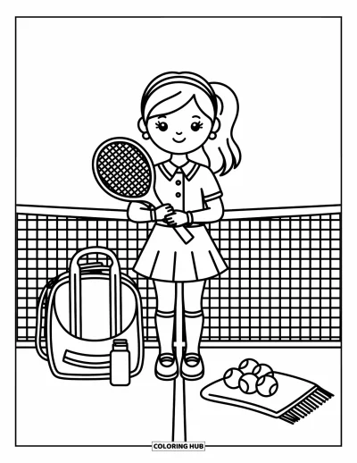 Coloriage preppy pour adultes : Du matériel de tennis et une fille preppy sûre d’elle composent cette scène sportive et joyeuse
