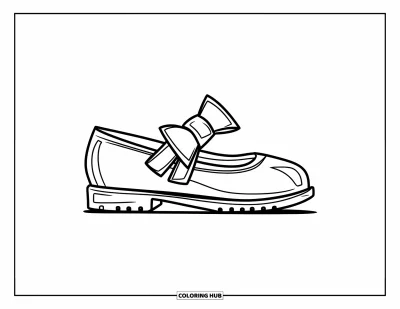 Coloriage preppy pour enfants : Une chaussure ornée d’un nœud brille dans un design mignon et minimaliste