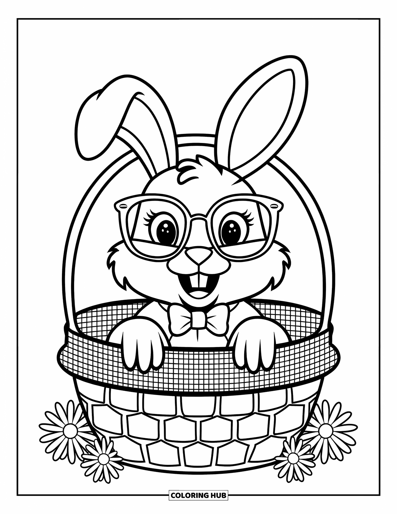 Preppy Coloring Page for Kids: A bowtie-wearing bunny peeks out from a cozy basket surrounded by flowers