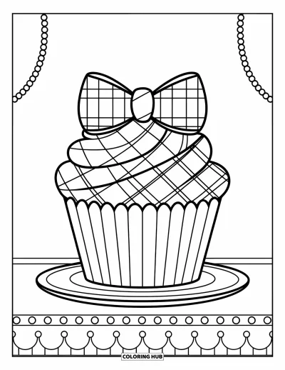 Coloriage preppy pour enfants : Un cupcake joyeux avec nœud papillon et perles affiche un glaçage à carreaux preppy