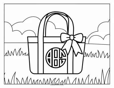 Coloriage preppy pour enfants : Un sac cabas joyeux avec un ruban repose sur un coin d’herbe