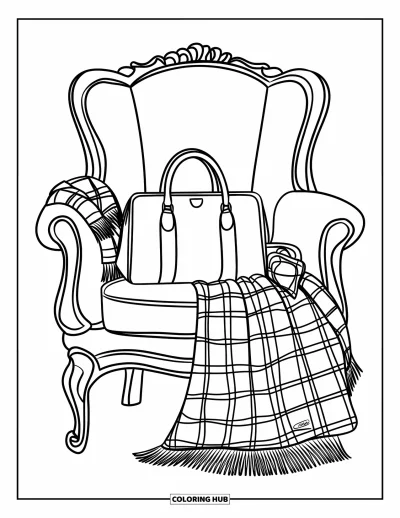 Coloriage preppy pour enfants : Une chaise confortable avec de jolis accessoires drapés pour un style preppy détendu