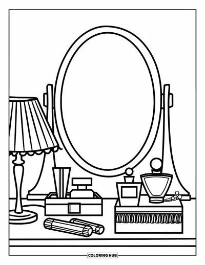 Coloriage preppy pour enfants : Une coiffeuse chaleureuse avec un miroir et des flacons de parfum