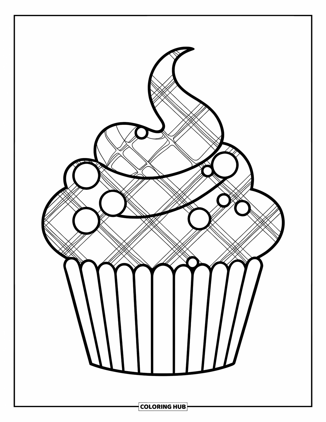 Preppy Coloring Page for Kids: A cupcake with plaid frosting and tiny pearls sits ready to be colored
