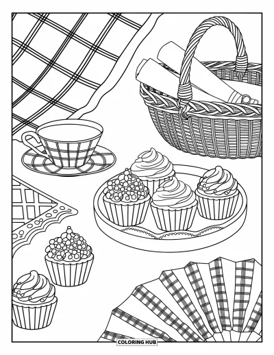 Coloriage preppy pour enfants : Une scène de pique-nique mignonne avec serviettes roulées, cupcakes et couverture à carreaux