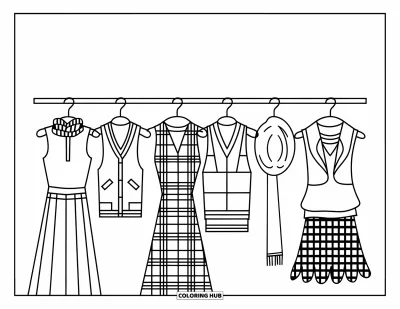 Coloriage preppy pour enfants : Un joli portant de robes, de gilets et de motifs ludiques