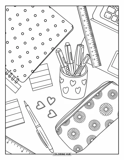 Coloriage preppy pour enfants : Un coin étude adorable avec un agenda, des stylos gel et des pense-bêtes