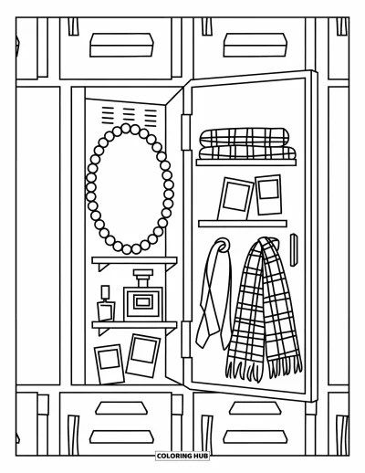 Coloriage preppy pour enfants : Un casier décoré rempli de parfum, de photos et d’accessoires de mode