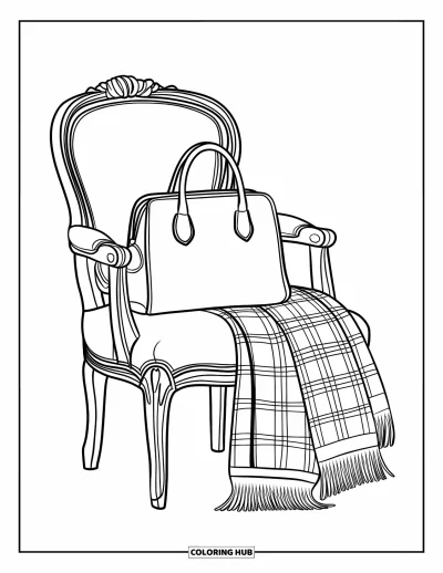 Coloriage preppy pour enfants : Une chaise chic porte un sac, une écharpe et une jupe à carreaux aux lignes douces