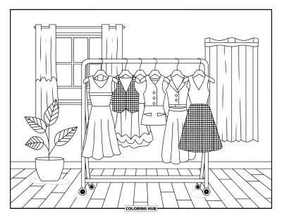 Coloriage preppy pour enfants : Un portant mode avec des robes, des jupes et des plantes à proximité
