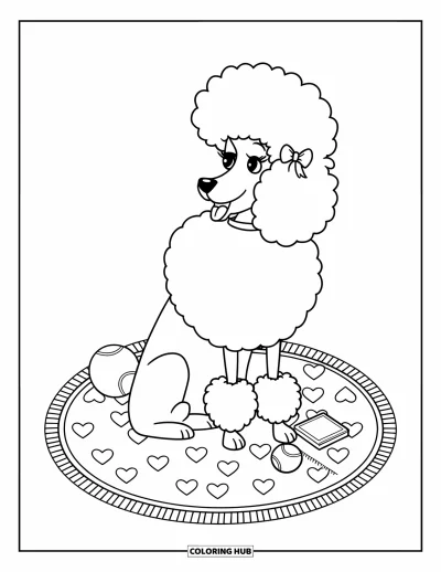 Coloriage preppy pour enfants : Un caniche duveteux avec un nœud est assis sur un tapis à motifs de cœurs, avec de jolis détails