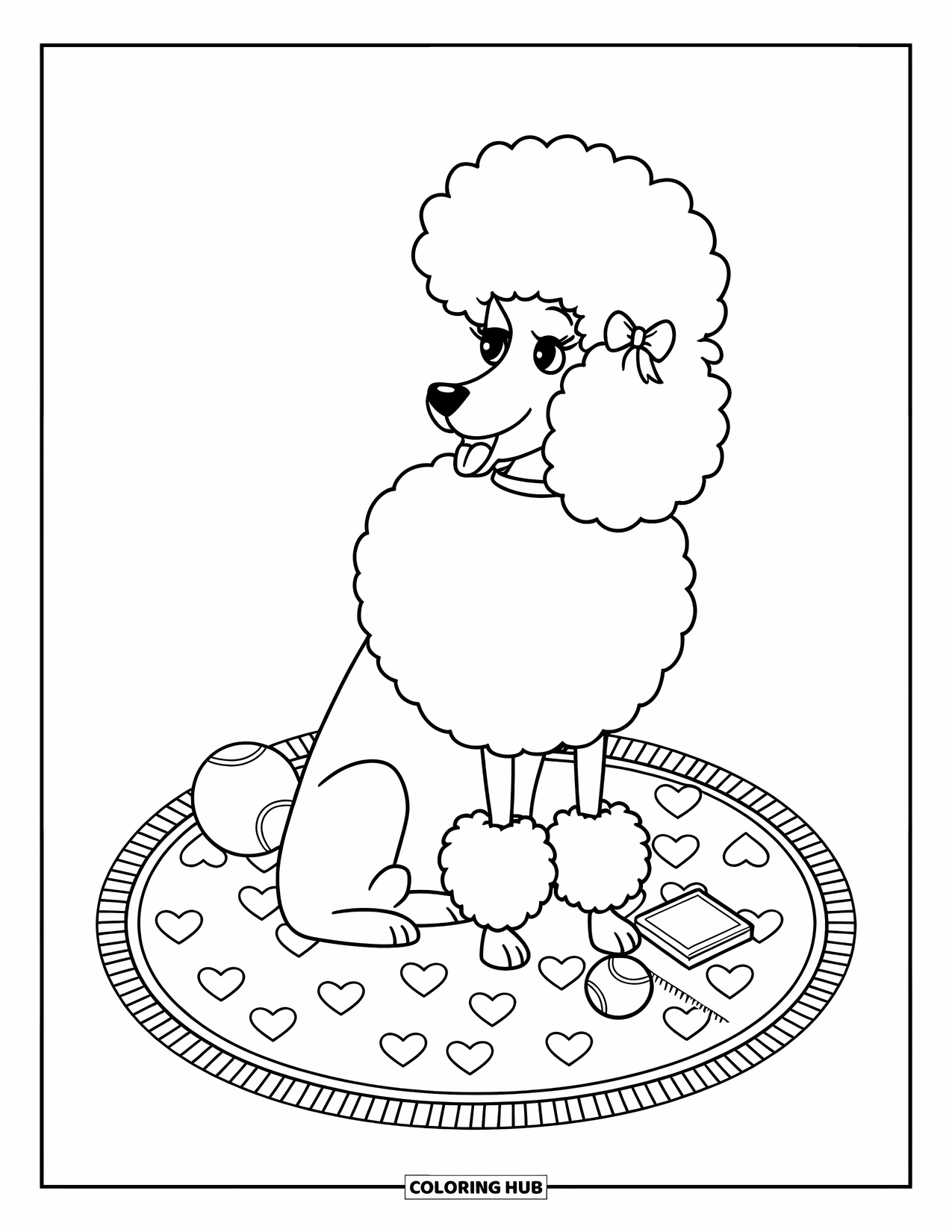 Preppy Coloring Page for Kids: A fluffy poodle with a bow sits on a heart-patterned rug with cute details