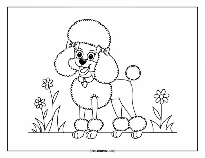 Coloriage preppy pour enfants : Un caniche duveteux avec des nœuds se tient dans un champ de fleurs ensoleillé