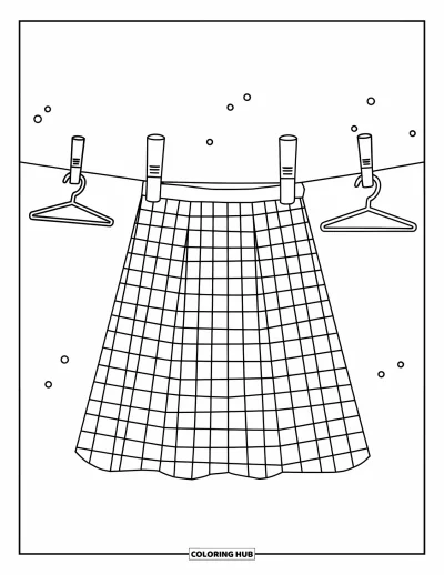 Coloriage preppy pour enfants : Une jupe vichy est suspendue à une corde à linge près d’un mur uni