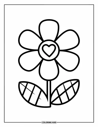 Coloriage preppy pour enfants : Une fleur au cœur en forme de cœur s’épanouit sur une tige aux feuilles ludiques