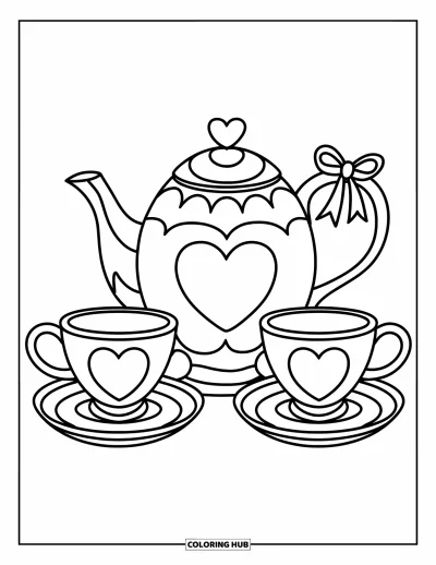 Coloriage preppy pour enfants : Une théière en forme de cœur et des tasses composent le plus mignon des services à thé