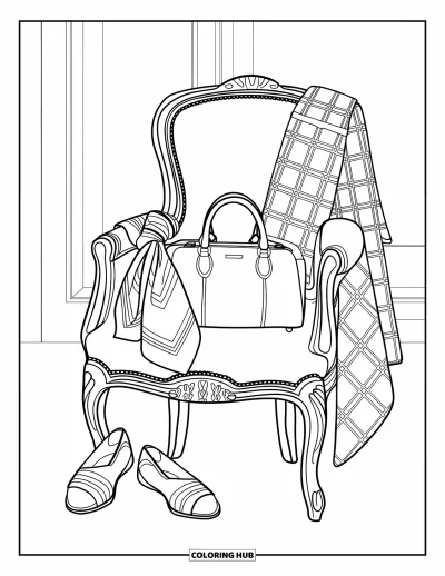 Coloriage preppy pour enfants : Une chaise bien rangée avec des pièces de mode et des chaussures à côté