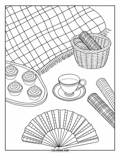 Coloriage preppy pour enfants : Un pique-nique soigné avec des cupcakes, une tasse de thé et un panier tressé