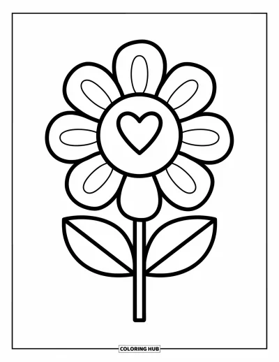 Coloriage preppy pour enfants : Une fleur à motif avec un cœur au centre dévoile ses pétales ludiques