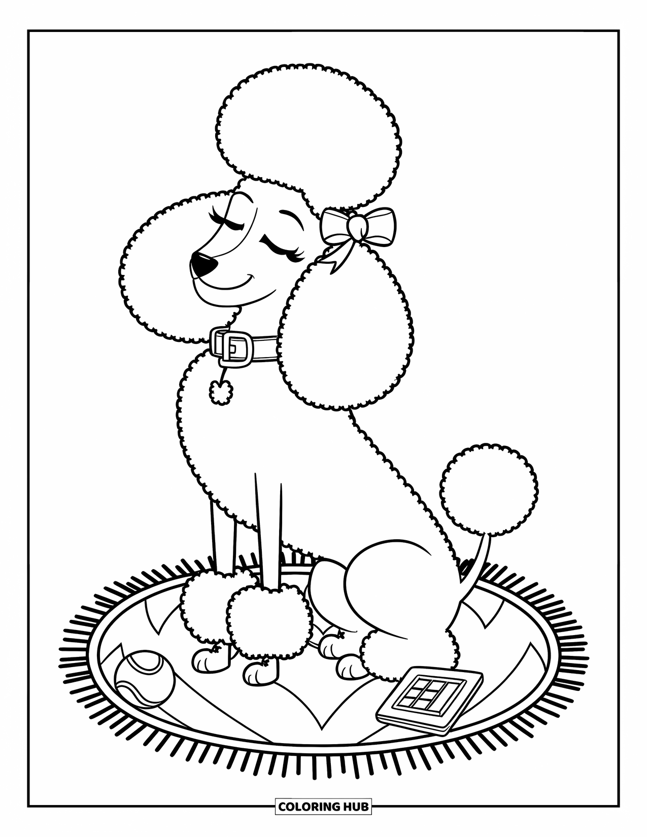 Preppy Coloring Page for Kids: A peaceful poodle sits on a cozy rug beside a makeup bag and ball