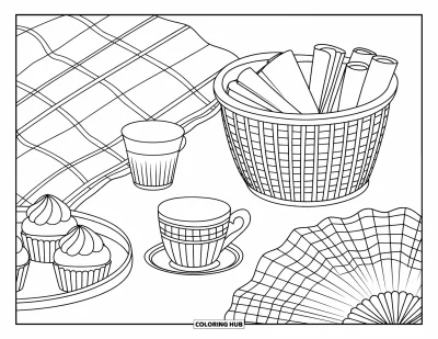 Coloriage preppy pour enfants : Une installation de pique-nique avec des cupcakes, une couverture à carreaux et un éventail vichy