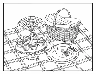 Coloriage preppy pour enfants : Une couverture à carreaux et de délicates gourmandises de pique-nique pour un charmant moment en plein air