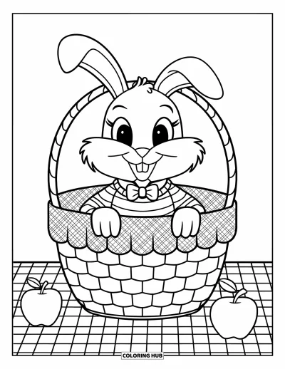 Coloriage preppy pour enfants : Un lapin preppy passe la tête hors d’un panier vichy, près de pommes sur une nappe