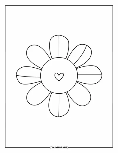 Coloriage preppy pour enfants : Une fleur simple avec un tout petit cœur, grande, audacieuse et amusante