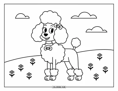 Coloriage preppy pour enfants : Un caniche souriant avec des nœuds se tient dans un champ herbeux fleuri